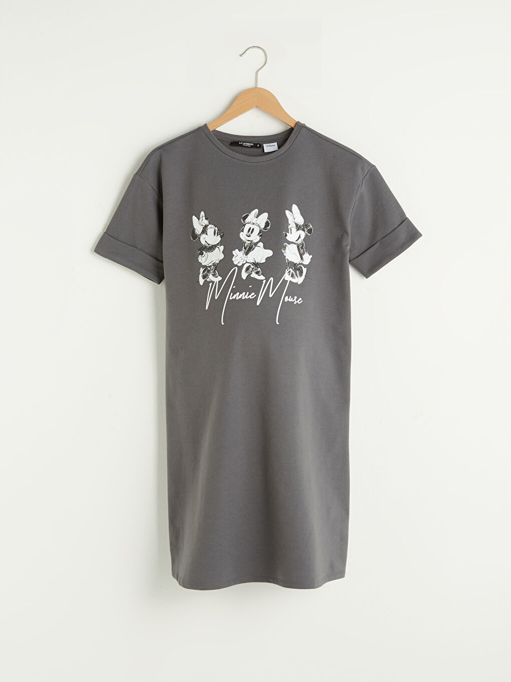 Gri Bisiklet Yaka Minnie Mouse Baskılı Kısa Kollu Hamile Elbise-6
