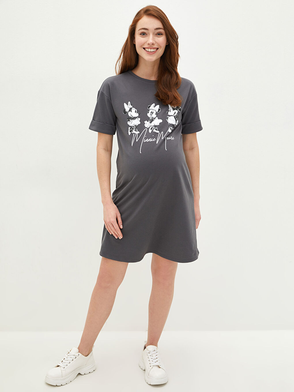Gri Bisiklet Yaka Minnie Mouse Baskılı Kısa Kollu Hamile Elbise-1
