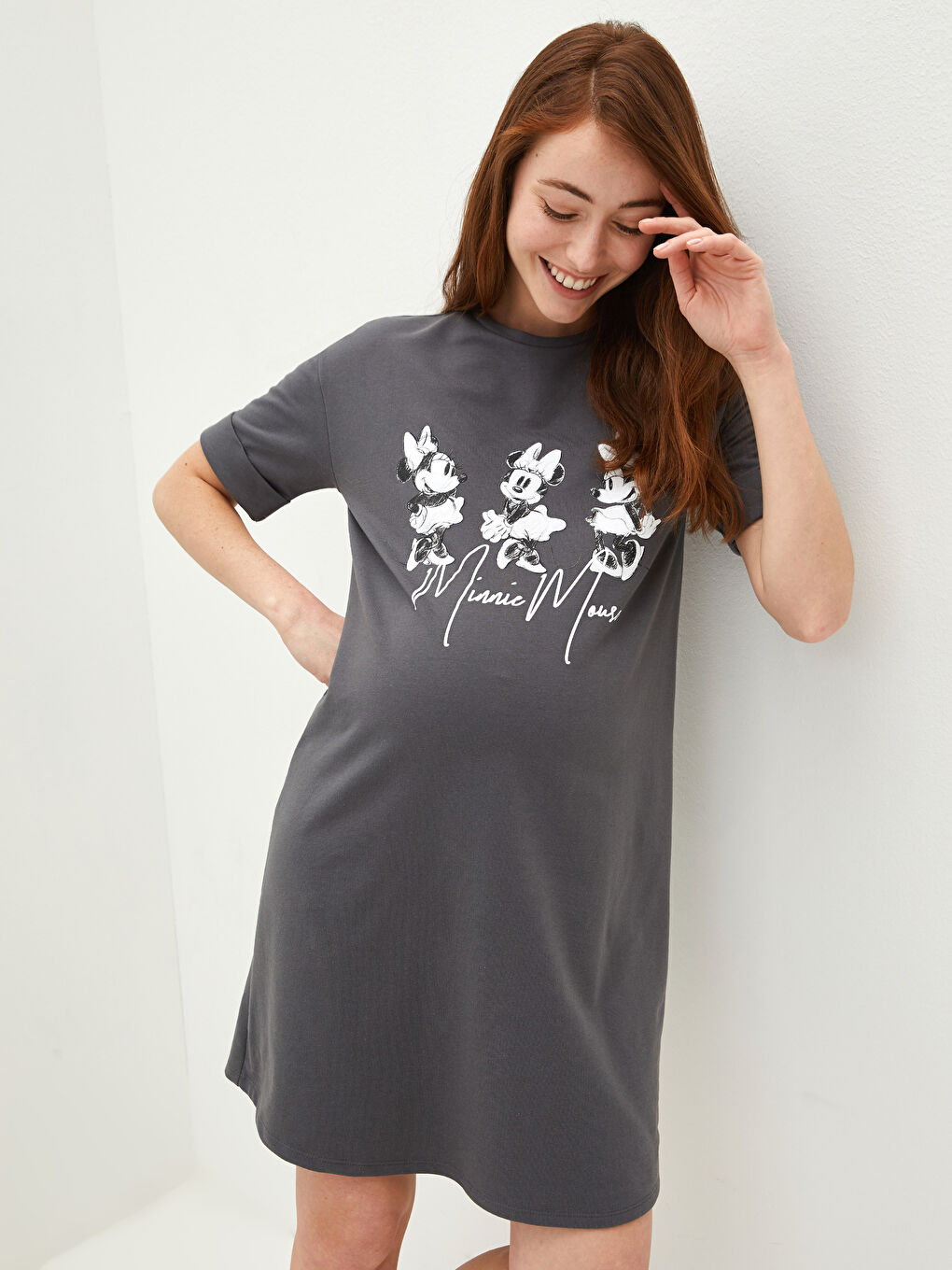 Gri Bisiklet Yaka Minnie Mouse Baskılı Kısa Kollu Hamile Elbise-2