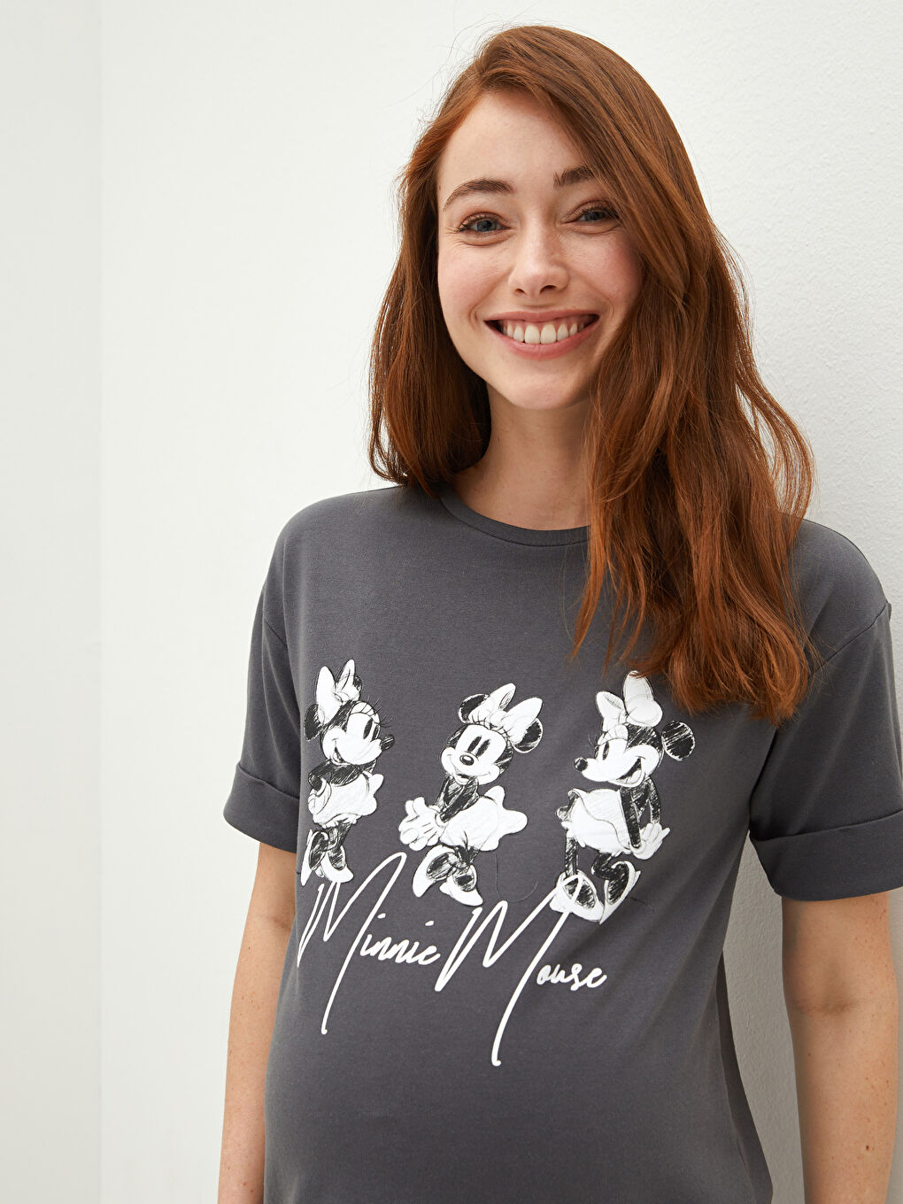 Gri Bisiklet Yaka Minnie Mouse Baskılı Kısa Kollu Hamile Elbise-3