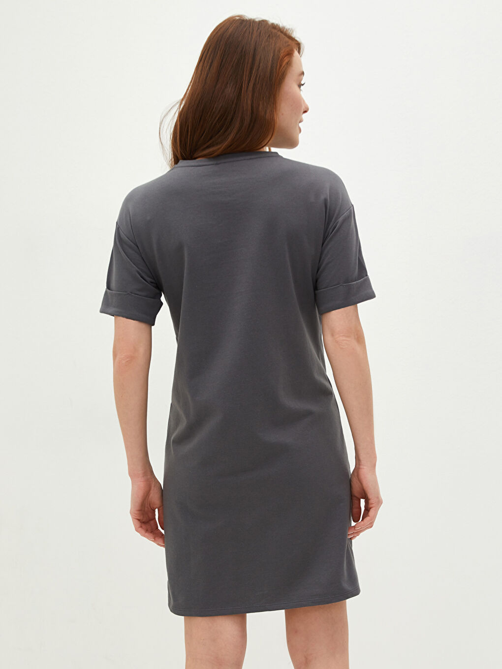 Gri Bisiklet Yaka Minnie Mouse Baskılı Kısa Kollu Hamile Elbise-4