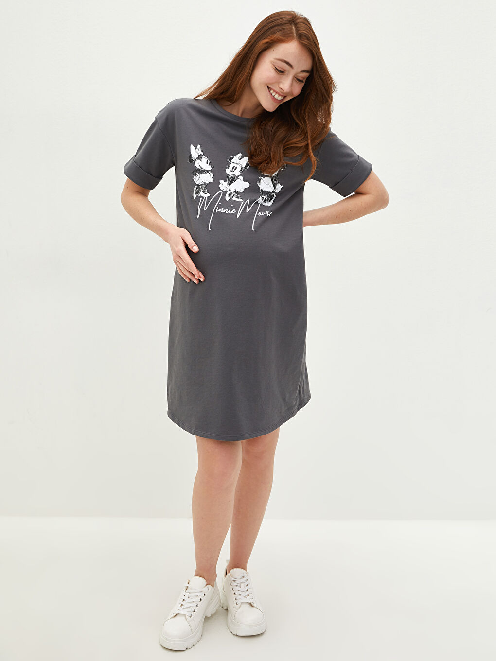 Gri Bisiklet Yaka Minnie Mouse Baskılı Kısa Kollu Hamile Elbise-5