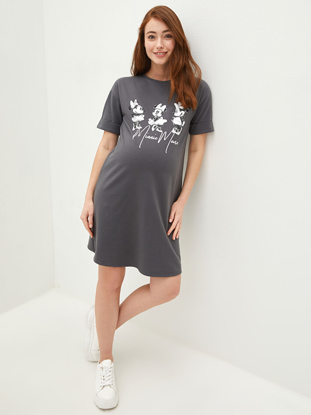 Gri Bisiklet Yaka Minnie Mouse Baskılı Kısa Kollu Hamile Elbise