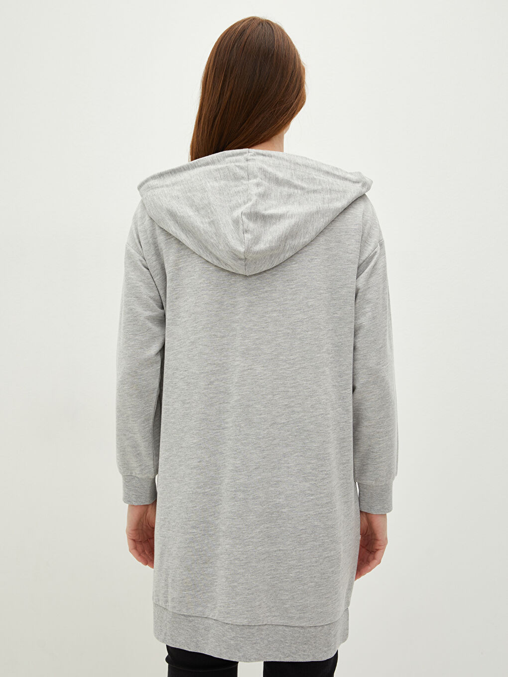 Gri Kapüşon Yaka Düz Uzun Kollu Oversize Pamuklu Kadın Spor Hırka-3