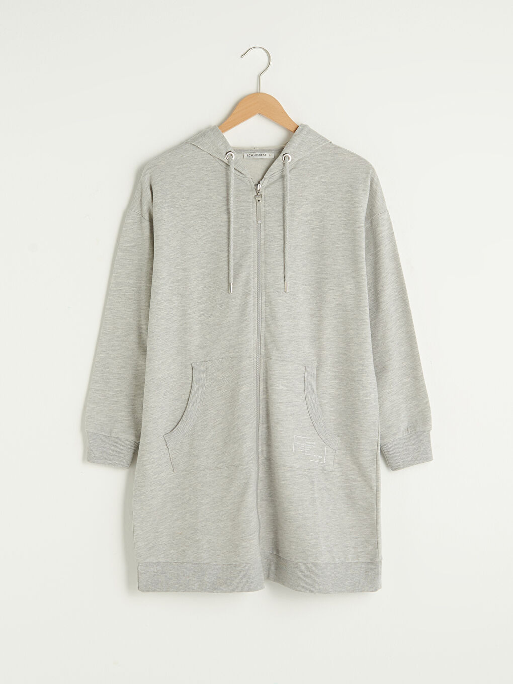 Gri Kapüşon Yaka Düz Uzun Kollu Oversize Pamuklu Kadın Spor Hırka-5