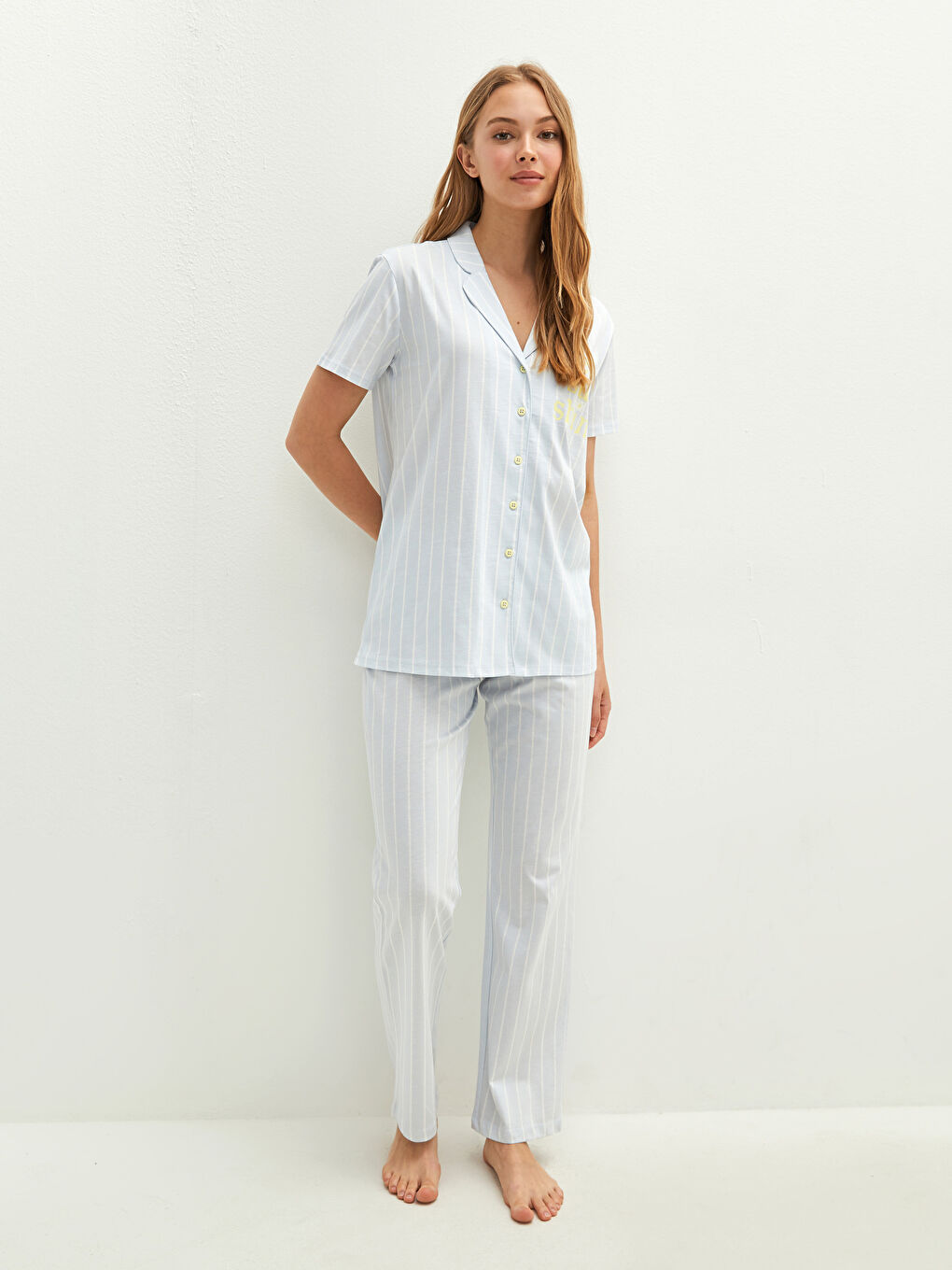 Collared Neck Printed Short Sleeve Women's Pyjama Set-1