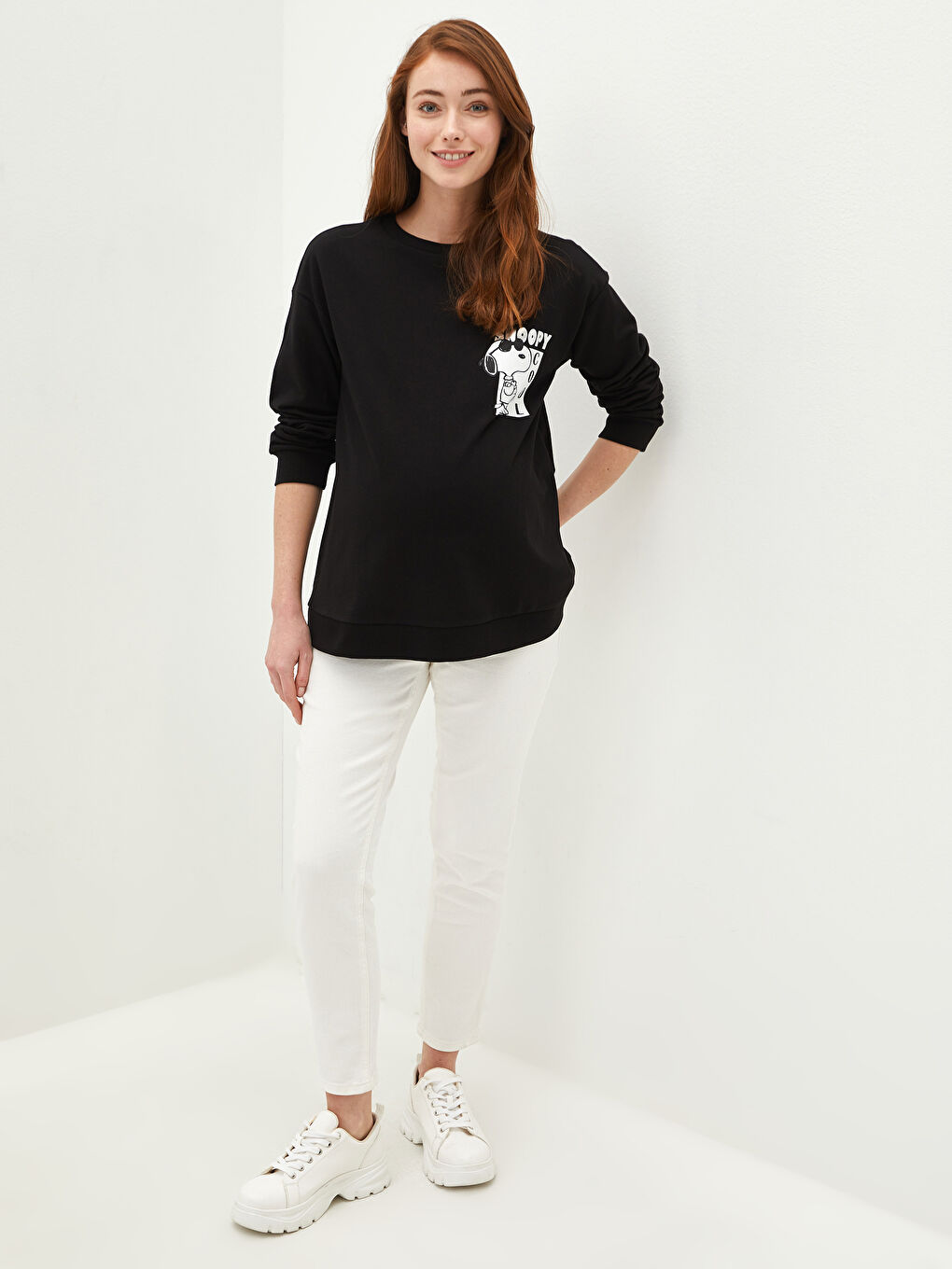 Siyah Bisiklet Yaka Snoopy Baskılı Uzun Kollu Hamile Sweatshirt-2