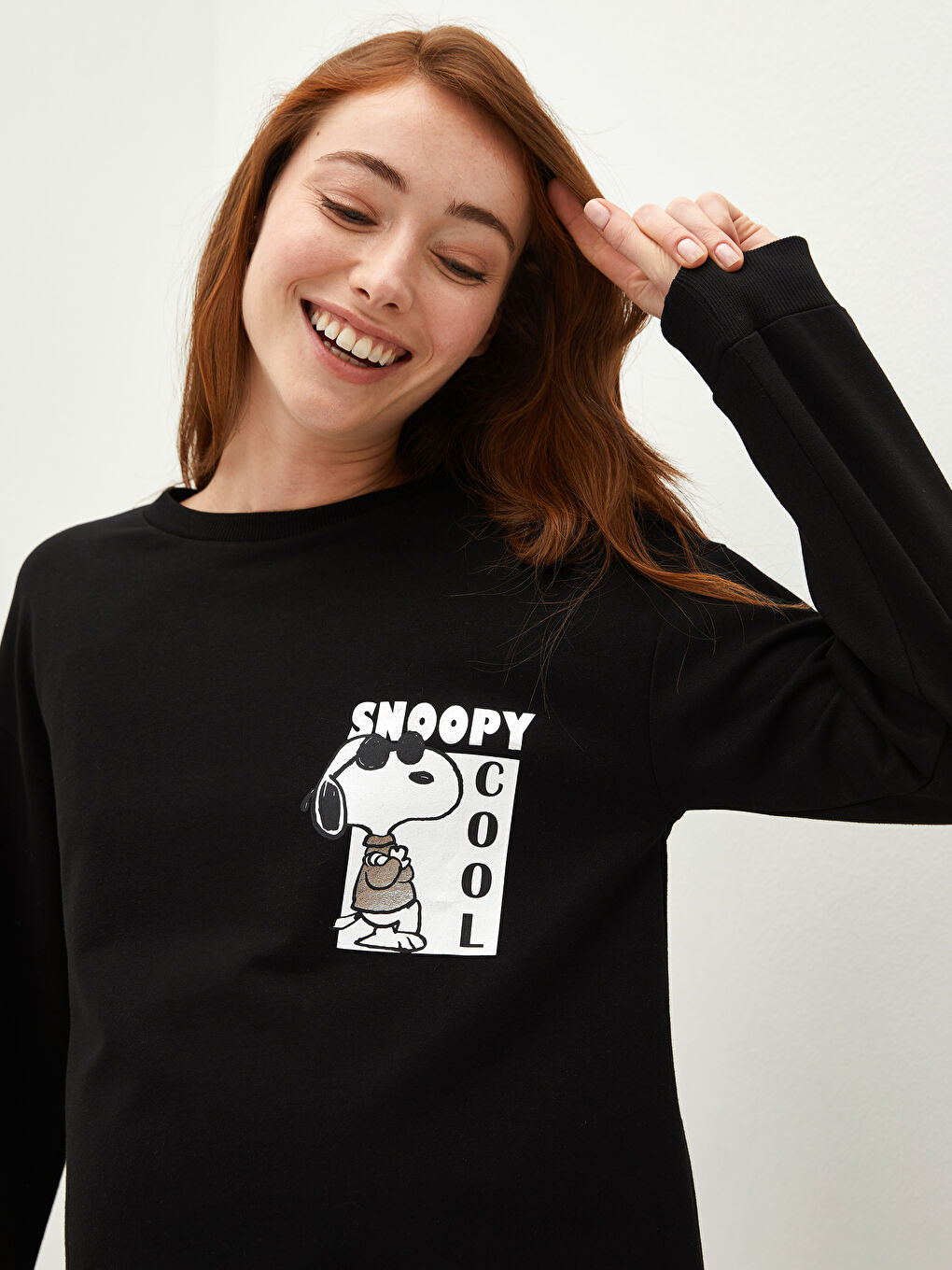 Siyah Bisiklet Yaka Snoopy Baskılı Uzun Kollu Hamile Sweatshirt-3