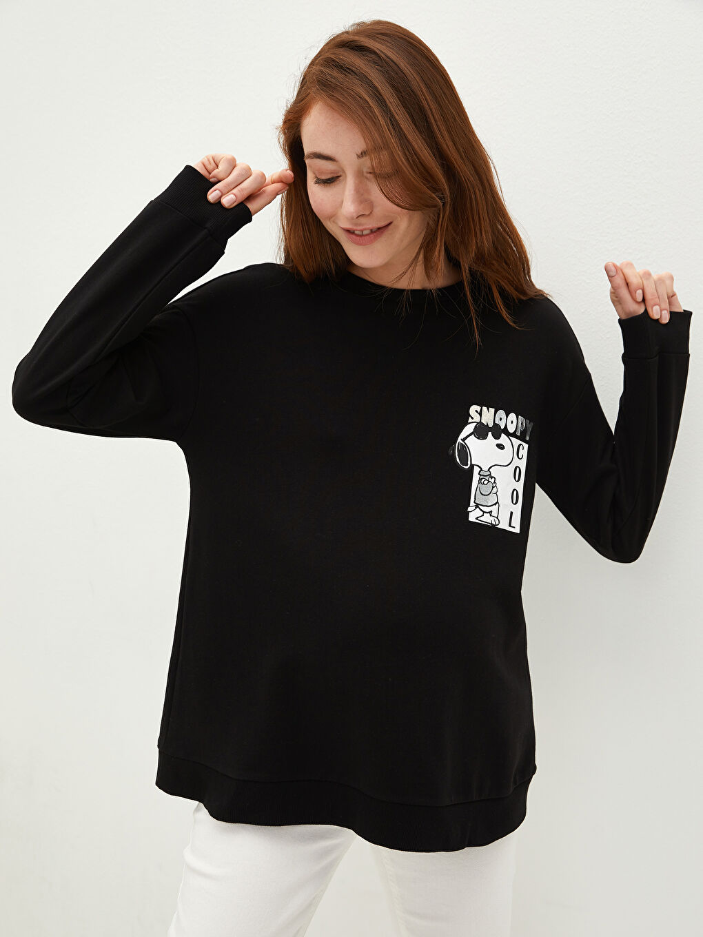 Siyah Bisiklet Yaka Snoopy Baskılı Uzun Kollu Hamile Sweatshirt