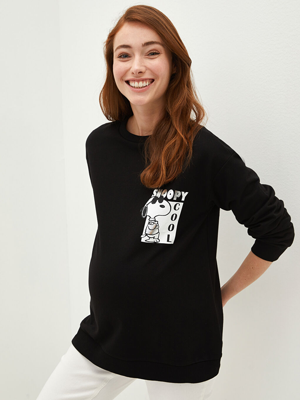 Siyah Bisiklet Yaka Snoopy Baskılı Uzun Kollu Hamile Sweatshirt-1