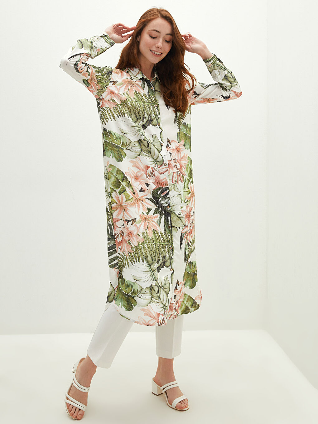 Ekru Desenli Uzun Kollu Vual Kadın Gömlek Tunik-1