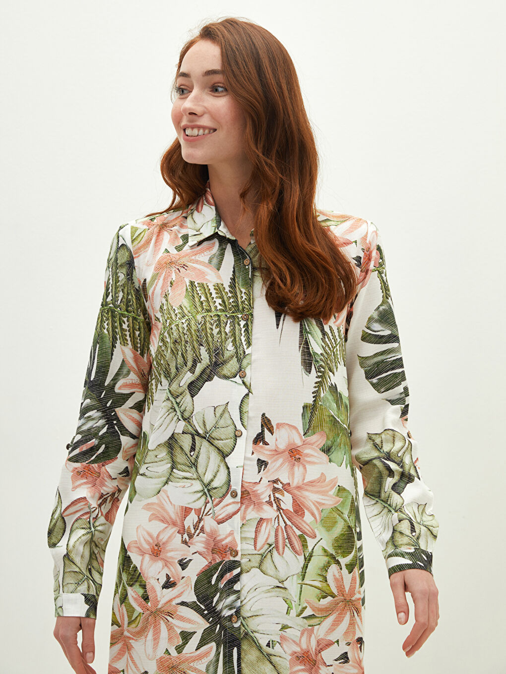 Ekru Desenli Uzun Kollu Vual Kadın Gömlek Tunik-2