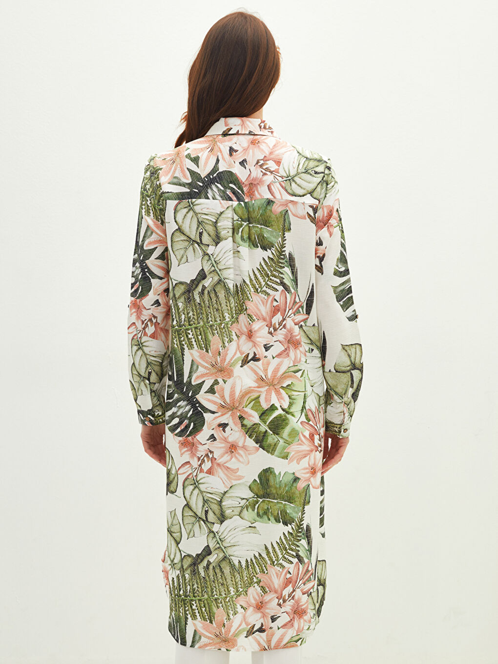 Ekru Desenli Uzun Kollu Vual Kadın Gömlek Tunik-4