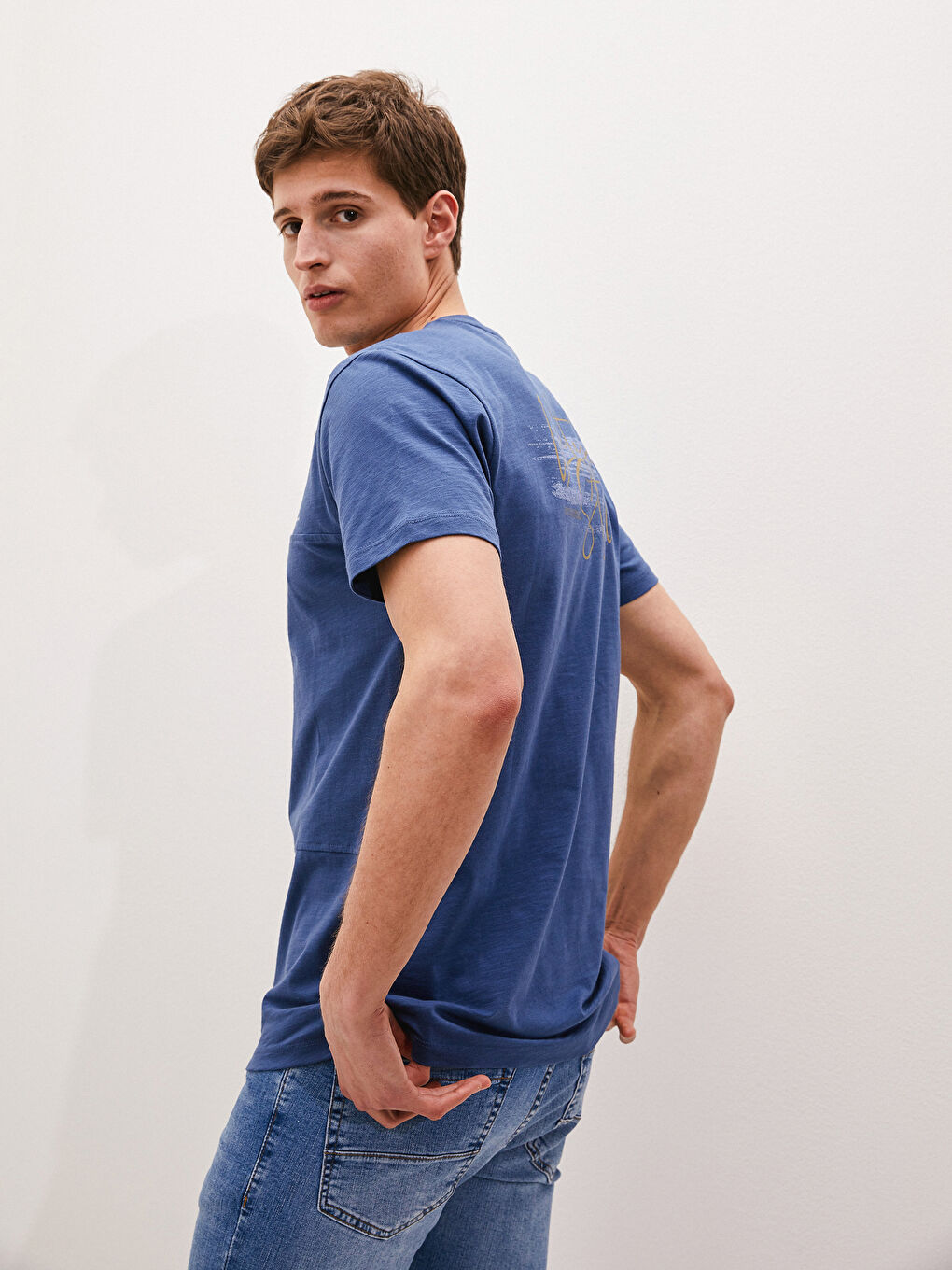 Lacivert Bisiklet Yaka Kısa Kollu Baskılı Penye Erkek Tişört-1