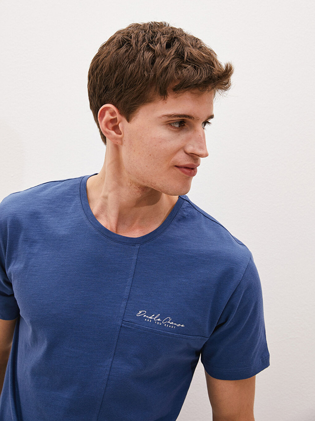 Lacivert Bisiklet Yaka Kısa Kollu Baskılı Penye Erkek Tişört-2