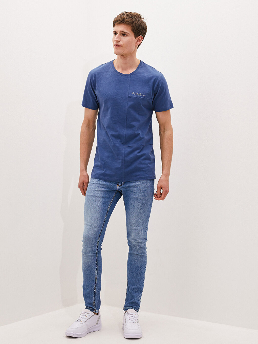 Lacivert Bisiklet Yaka Kısa Kollu Baskılı Penye Erkek Tişört-3