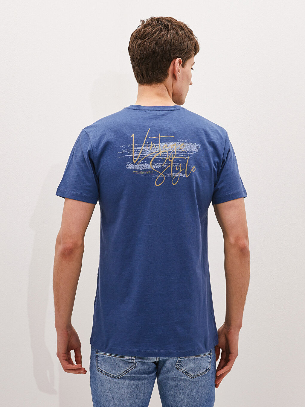 Lacivert Bisiklet Yaka Kısa Kollu Baskılı Penye Erkek Tişört-4