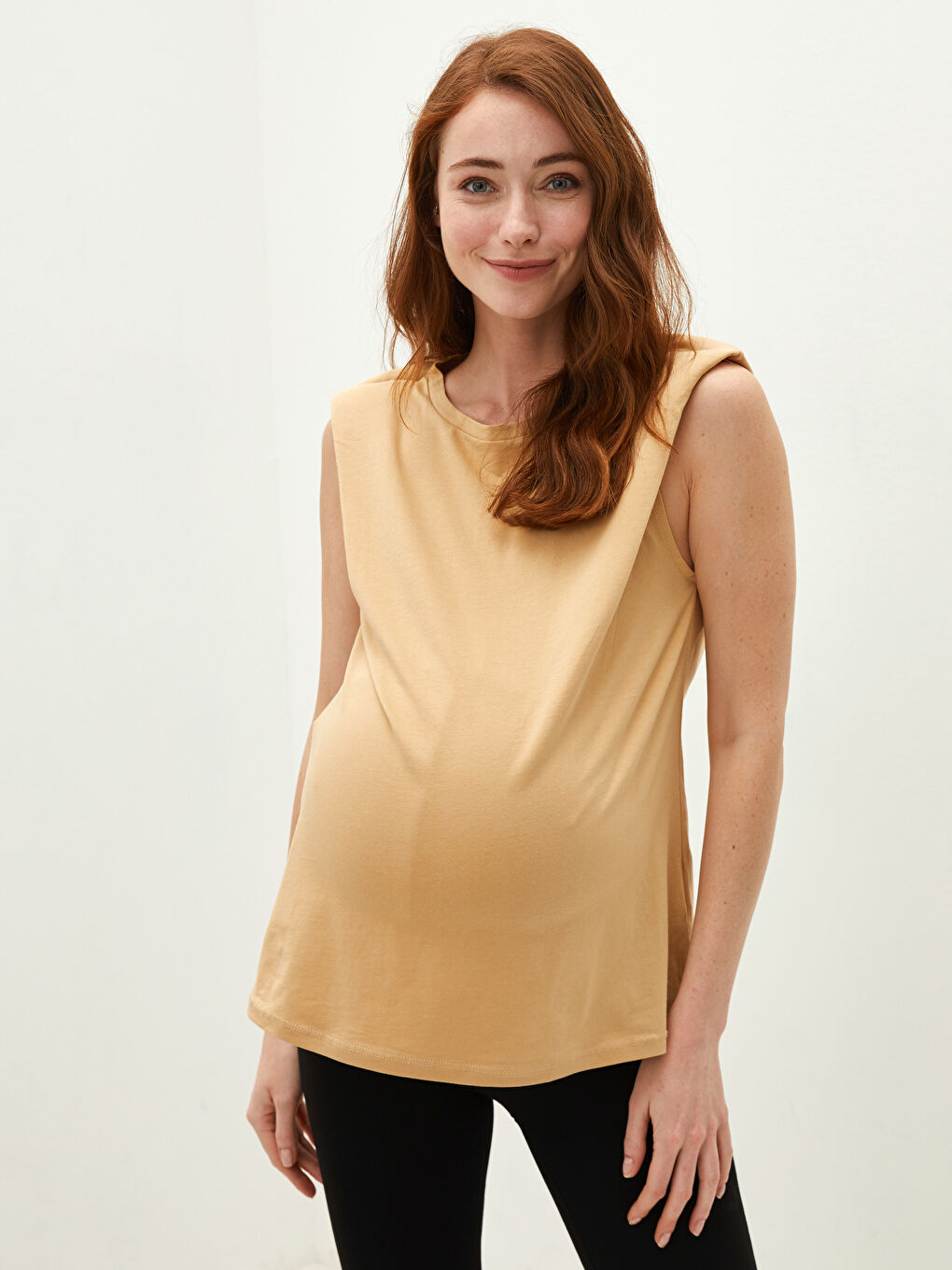 Bej Bisiklet Yaka Düz Kolsuz Pamuklu Hamile Tişört-1