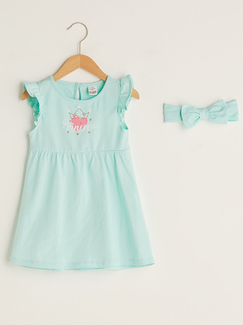 Crew Neck Short Sleeve Printed Cotton Baby Girl Dress and Headband Set of 2