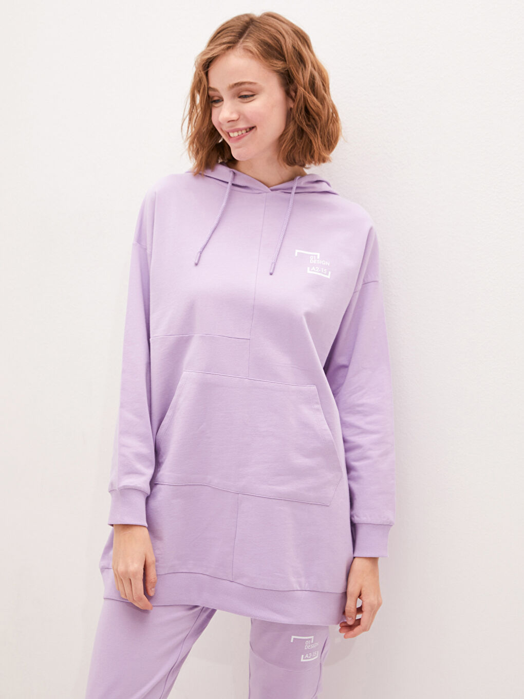 Lila Kapüşon Yaka Baskılı Uzun Kollu Kadın Sweatshirt Tunik-2