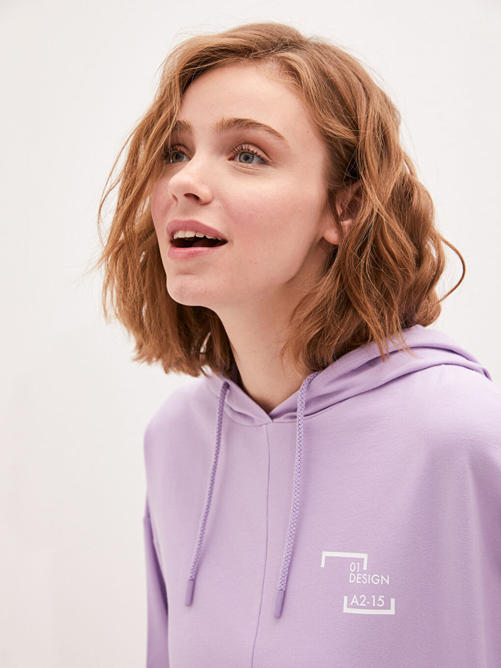 Lila Kapüşon Yaka Baskılı Uzun Kollu Kadın Sweatshirt Tunik-3