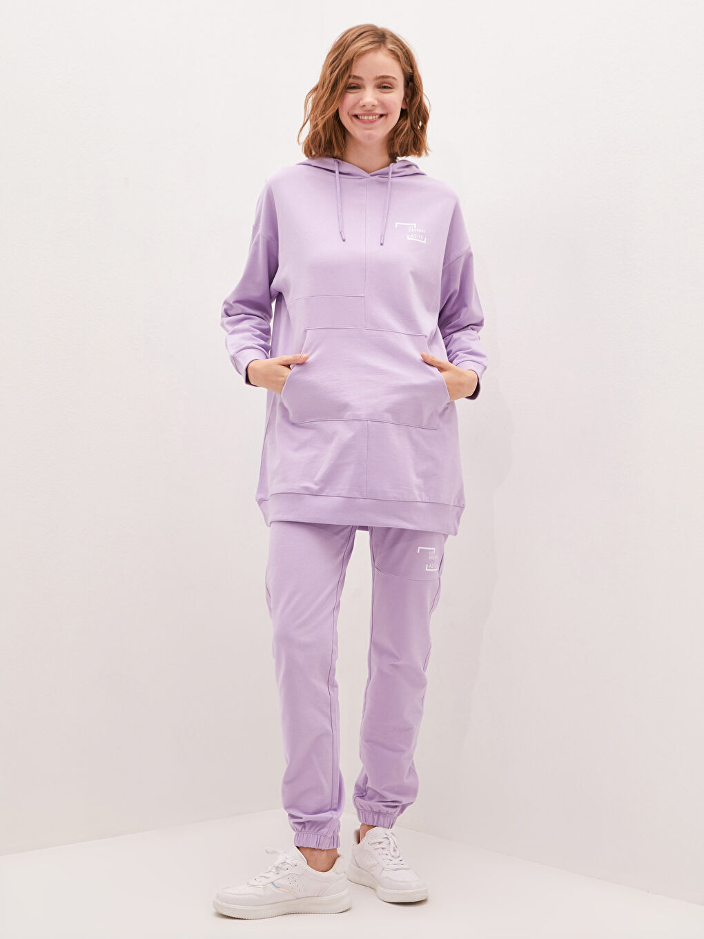 Lila Kapüşon Yaka Baskılı Uzun Kollu Kadın Sweatshirt Tunik