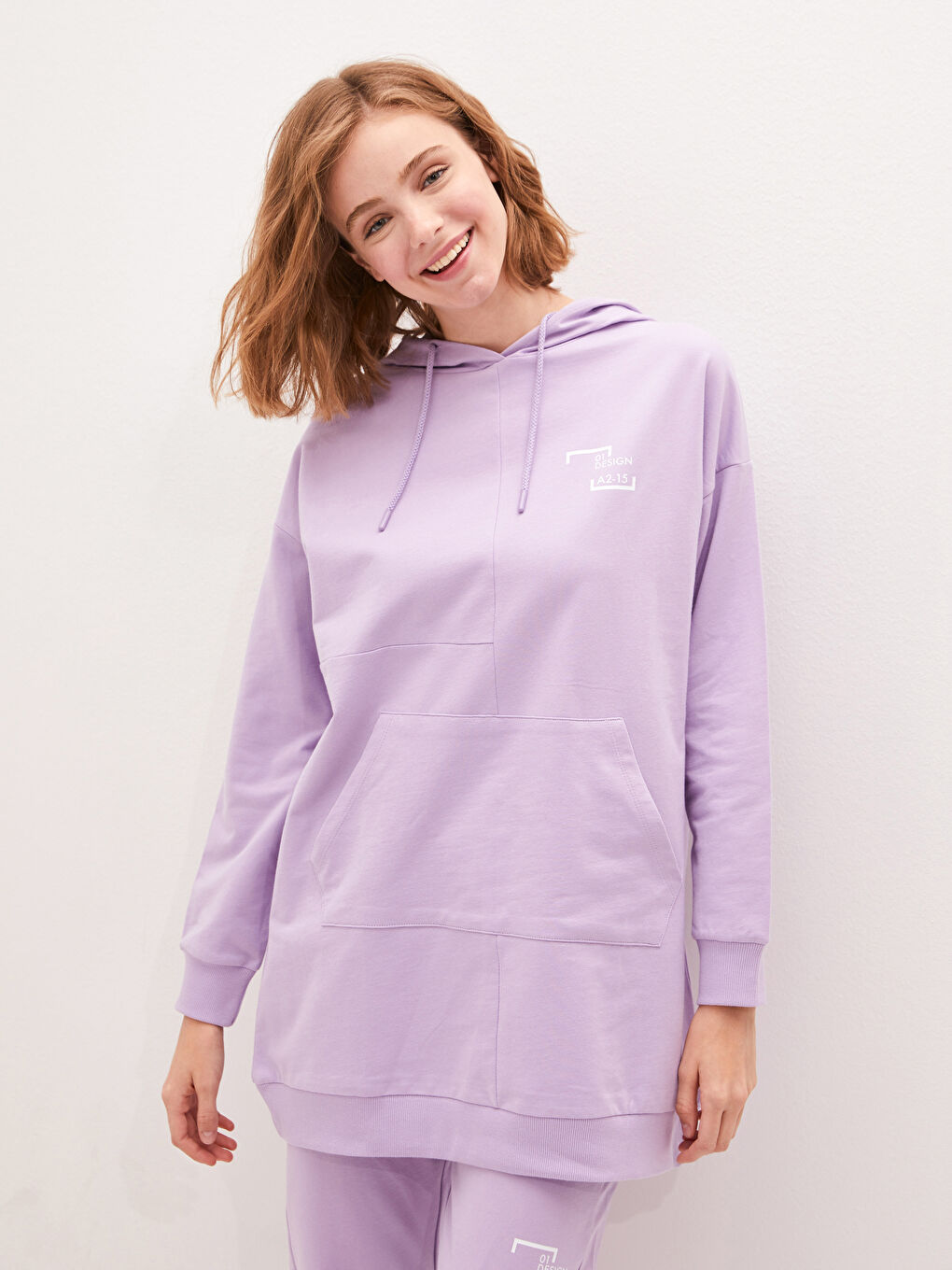 Lila Kapüşon Yaka Baskılı Uzun Kollu Kadın Sweatshirt Tunik-1