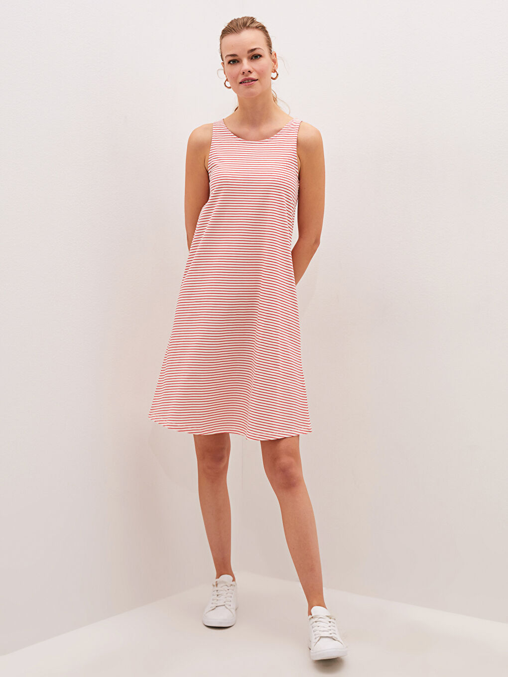 U Neck Striped Strappy Cotton Woman Dress-1