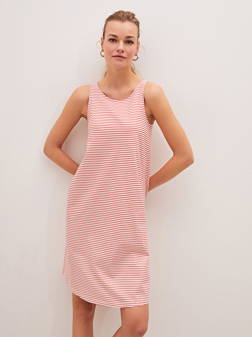 U Neck Striped Strappy Cotton Woman Dress-2