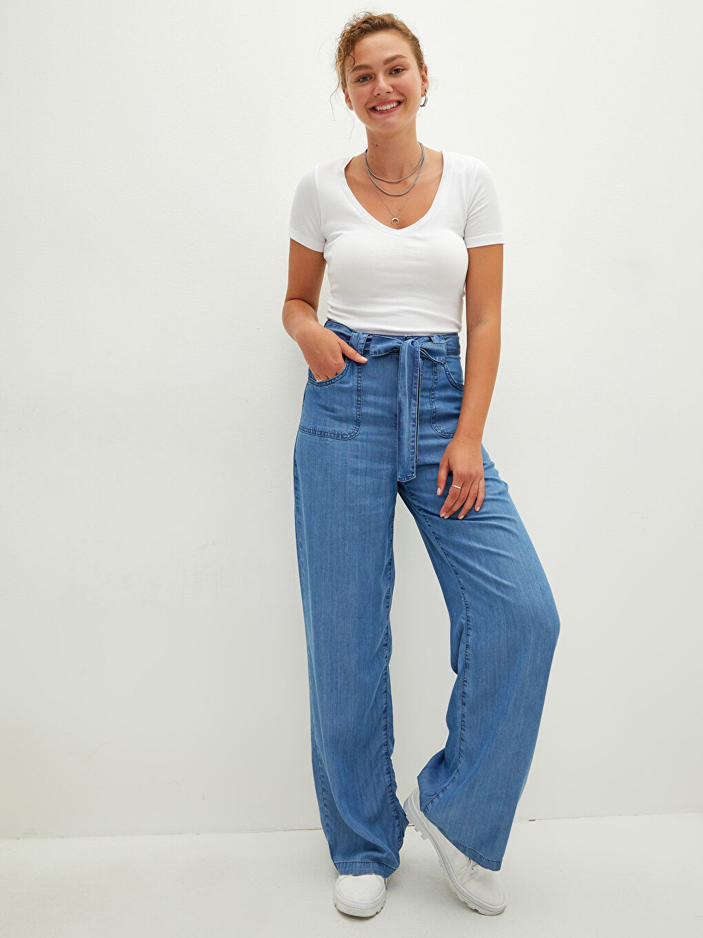 İndigo Yüksek Bel Wideleg Cep Detaylı Kadın Rodeo Jean Pantolon-2