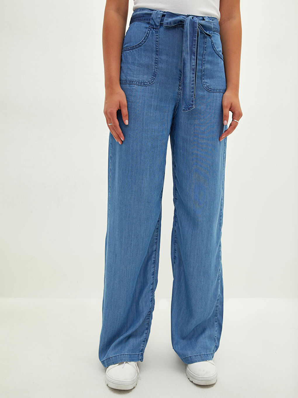 İndigo Yüksek Bel Wideleg Cep Detaylı Kadın Rodeo Jean Pantolon-3