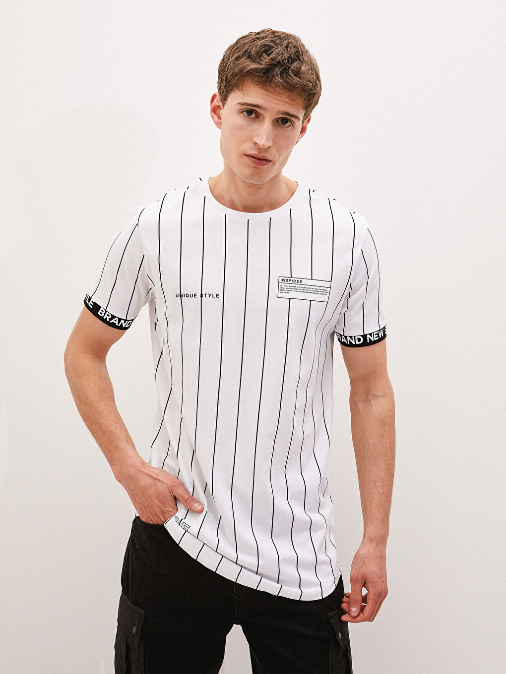 Тениска с кръгло деколте, къс ръкав, отпечатана, от пениран памук за мъже