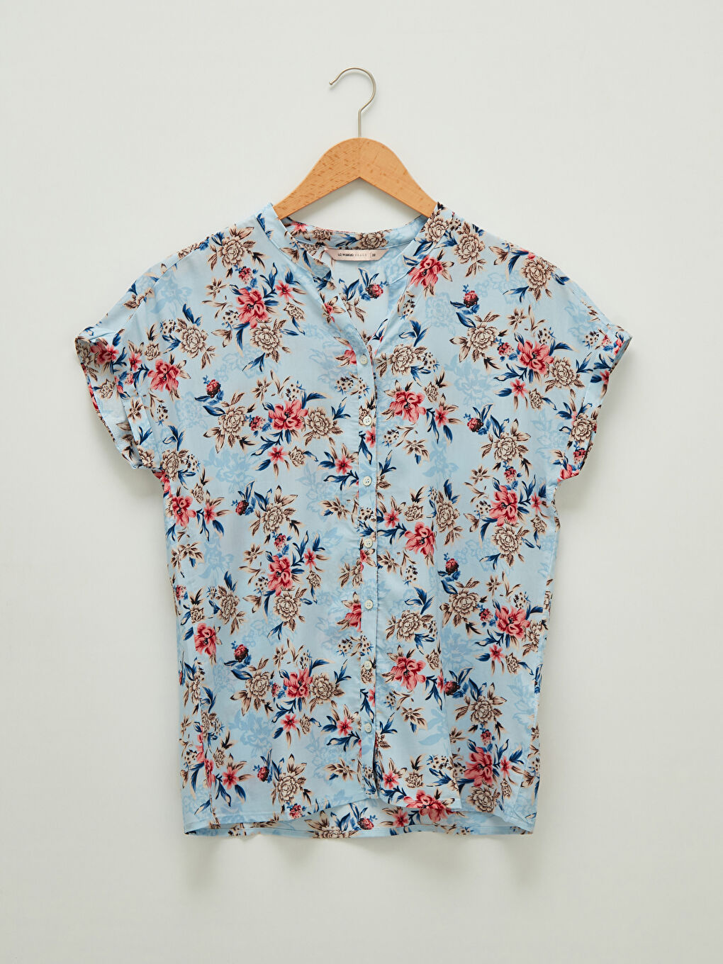 Turtle Neck Floral Printed Short Sleeve Viscose Women Shirt-5