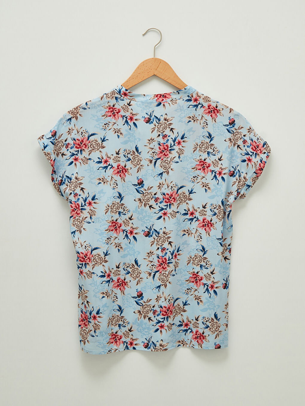 Turtle Neck Floral Printed Short Sleeve Viscose Women Shirt-6
