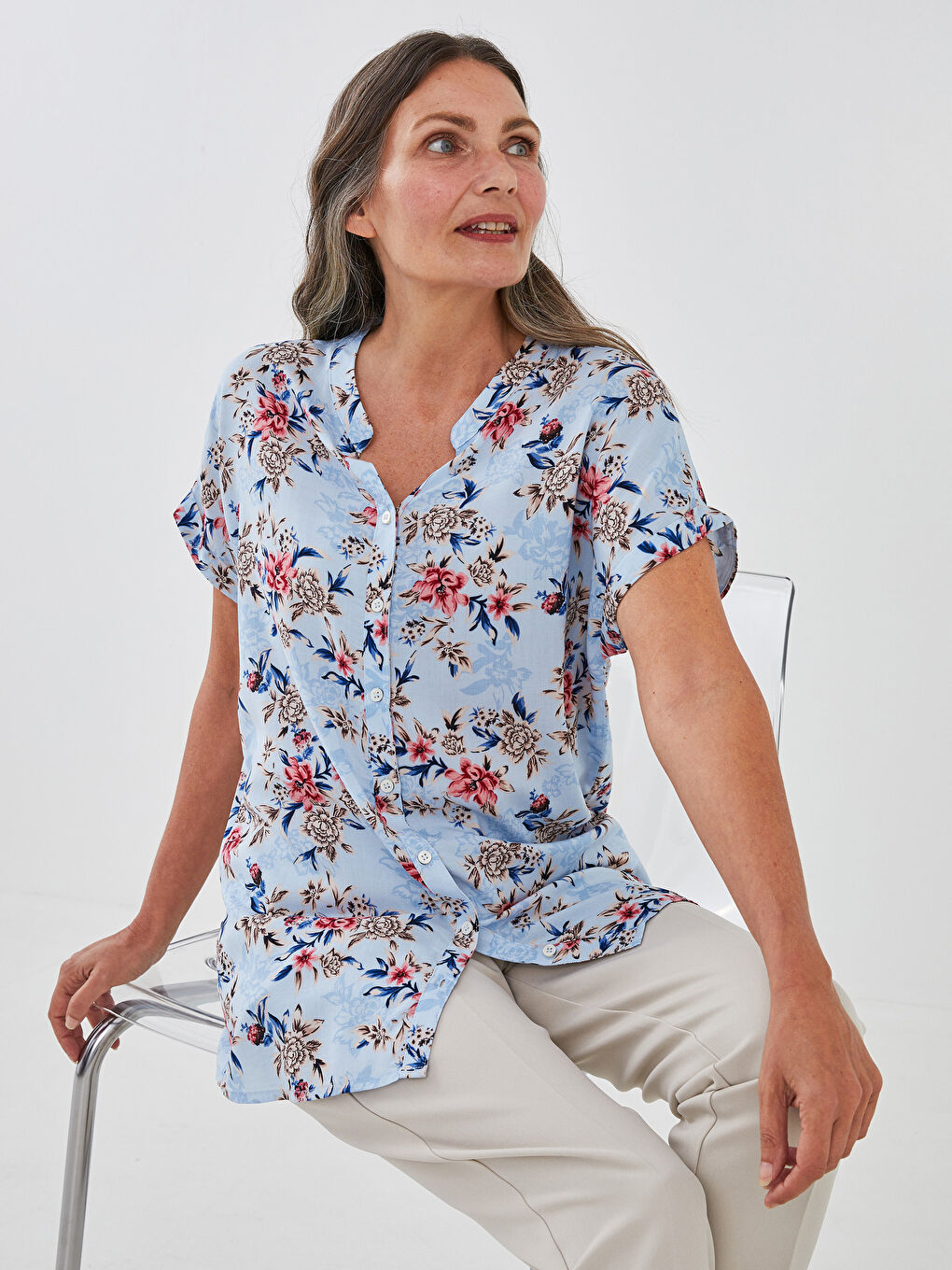 Turtle Neck Floral Printed Short Sleeve Viscose Women Shirt