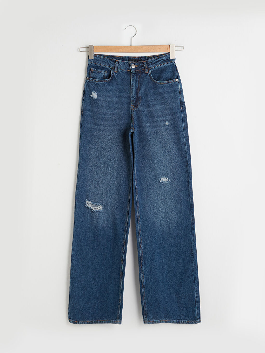 İndigo Yüksek Bel Bol Paça Yırtık Desenli Kadın Rodeo Jean Pantolon-5