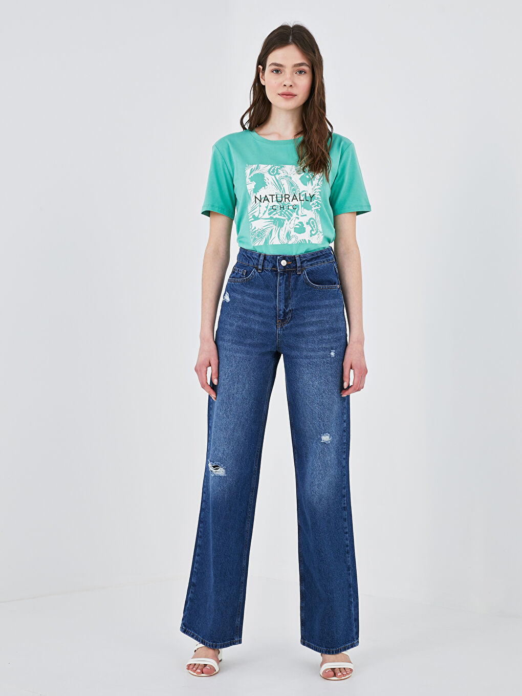 İndigo Yüksek Bel Bol Paça Yırtık Desenli Kadın Rodeo Jean Pantolon-1