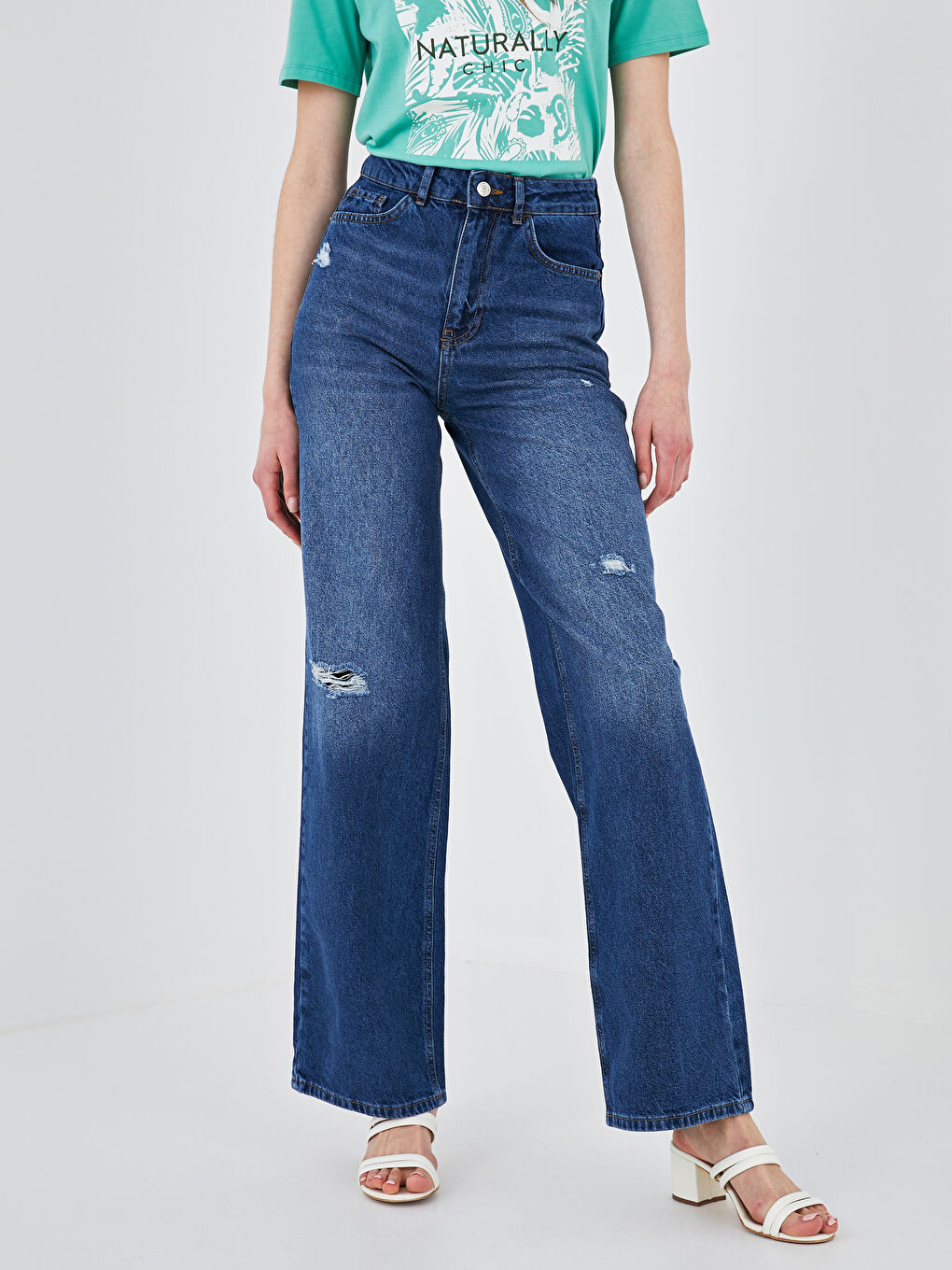 İndigo Yüksek Bel Bol Paça Yırtık Desenli Kadın Rodeo Jean Pantolon-2