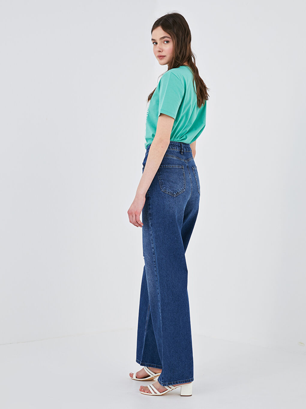 İndigo Yüksek Bel Bol Paça Yırtık Desenli Kadın Rodeo Jean Pantolon-3