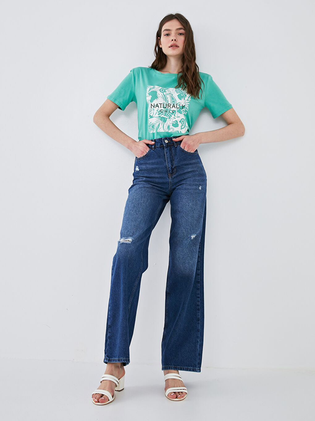 İndigo Yüksek Bel Bol Paça Yırtık Desenli Kadın Rodeo Jean Pantolon-4