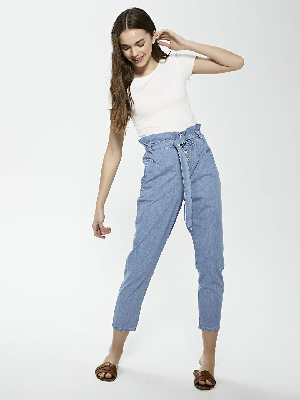 İndigo Yüksek Bel Bol Fit Kadın Jean Pantolon-5