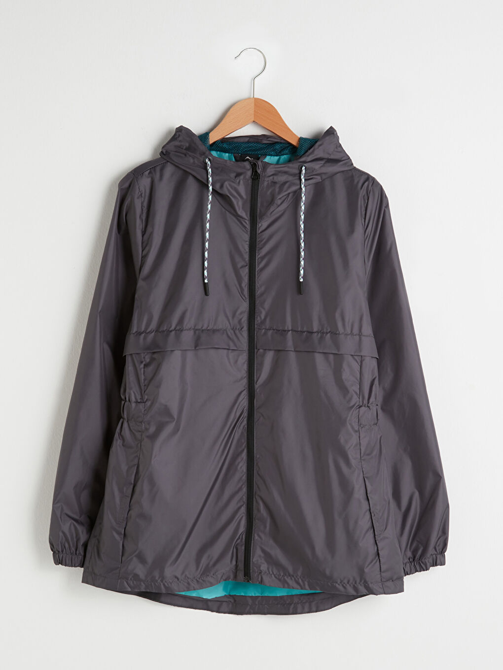 Gri Kapüşonlu Düz Uzun Kollu İnce Kadın Outdoor Yağmurluk-6