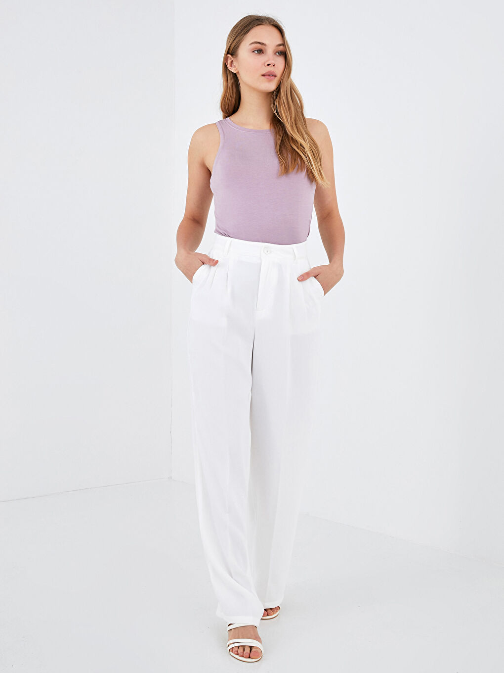 Wide Fit Pocket Detailed Wide Leg Gabardine Fabric Women's Trousers-6
