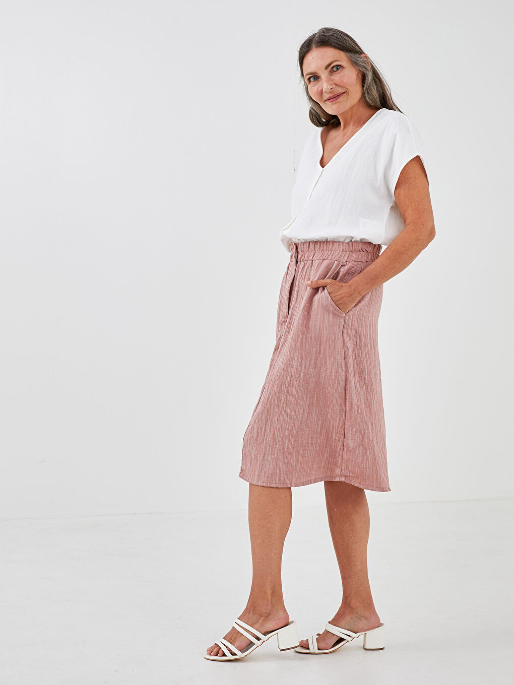 Pembe Beli Lastikli Düz Cep Detaylı A Kesim Kadın Etek-2