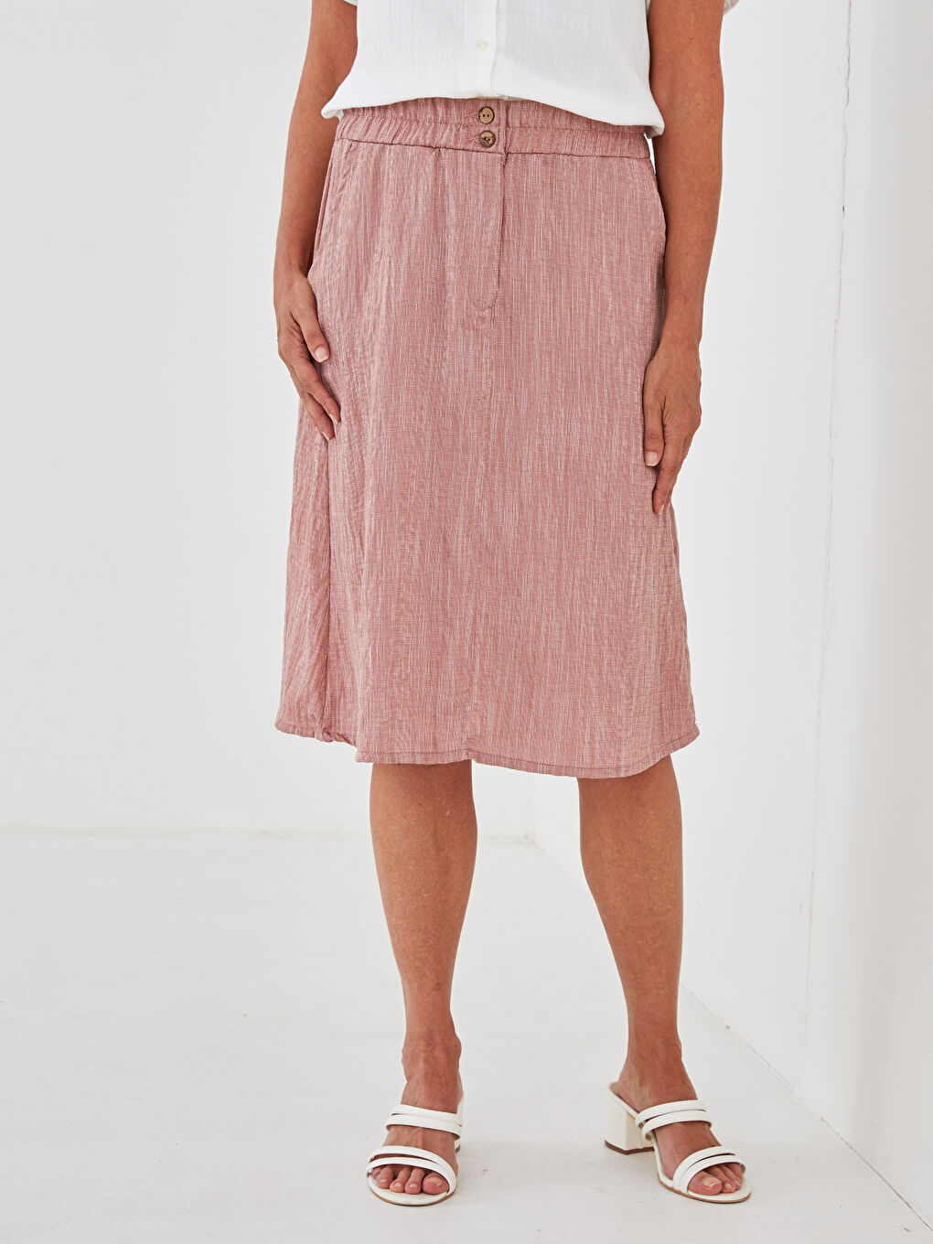 Pembe Beli Lastikli Düz Cep Detaylı A Kesim Kadın Etek-3