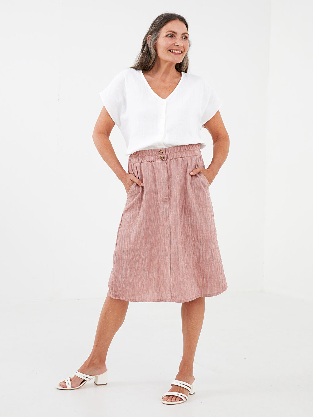 Pembe Beli Lastikli Düz Cep Detaylı A Kesim Kadın Etek