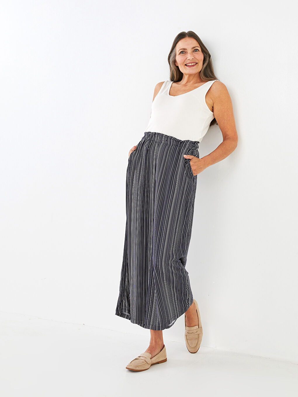 әйелдерге арналған белмандо матасы жолақты қалтасы бар белдемше шалбар-2