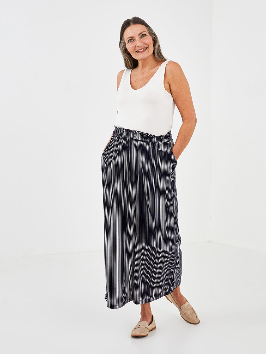 әйелдерге арналған белмандо матасы жолақты қалтасы бар белдемше шалбар-1