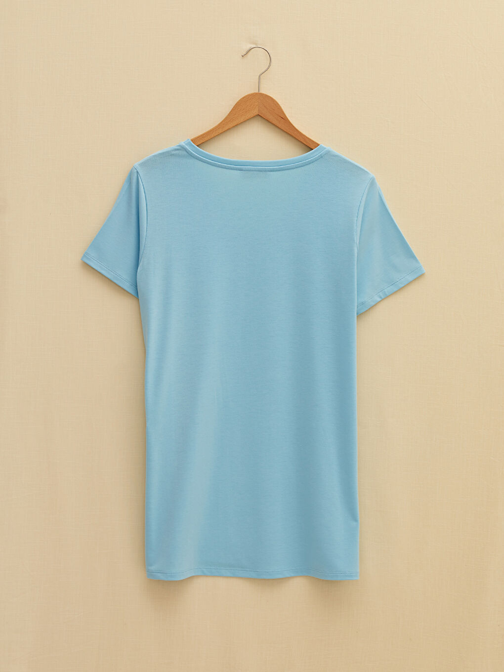 Mavi V Yaka Düz Kısa Kollu Kadın Tişört-6