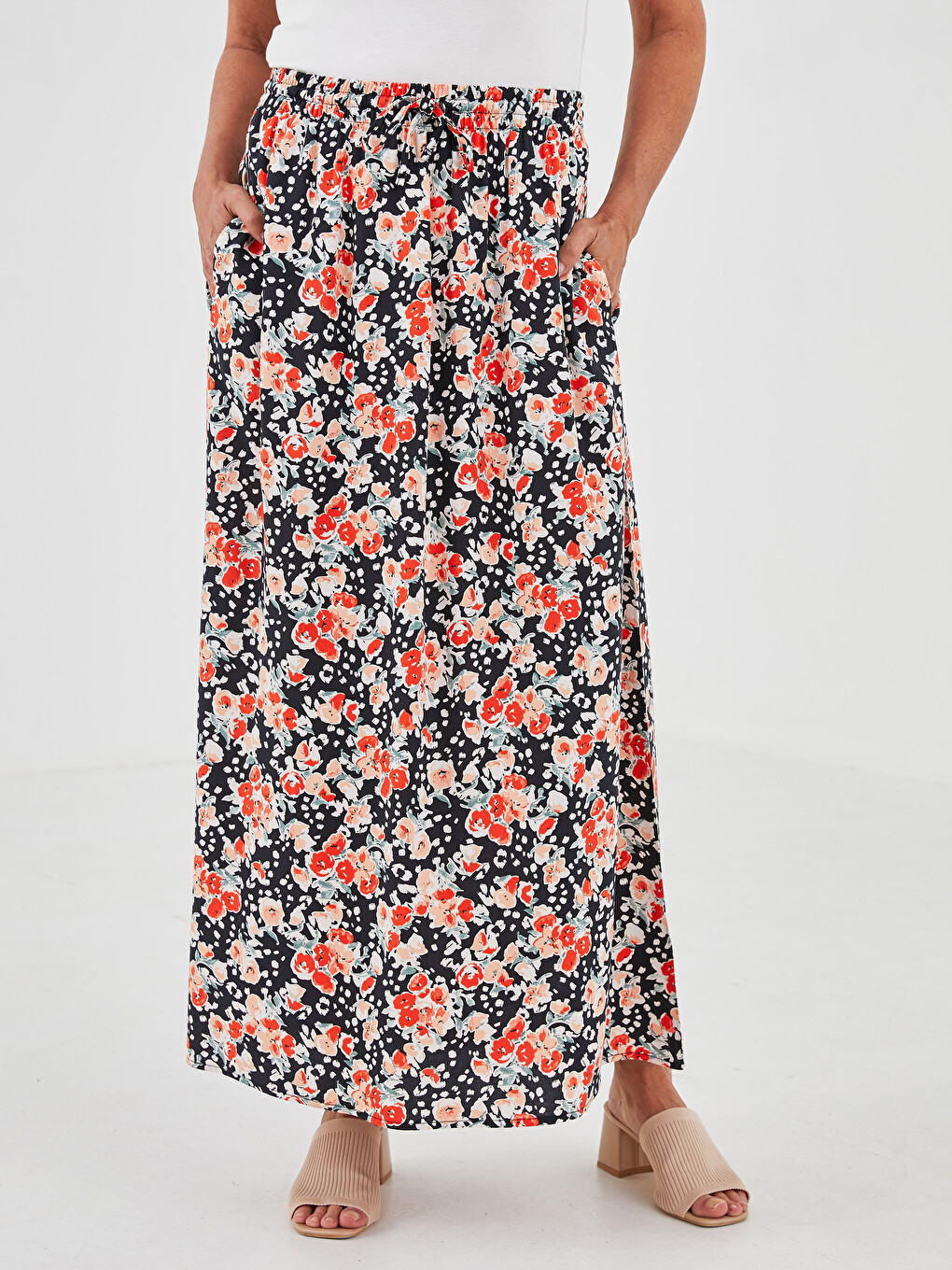 Elastic Waist Patterned A-cut Belmando Fabric Women's Skirt-3